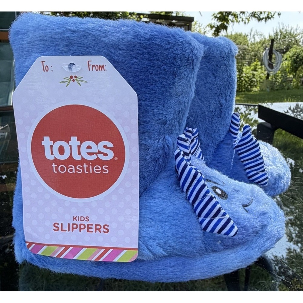 Totes Toasties Kids Blue Dragon Plush Slippers Size 9-10 NWT Faux Fur Cozy